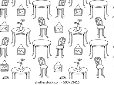 Tables, chairs, picture on wall. Vector seamless black and white pattern. Background for use in design, web site, packing, textile, fabric.