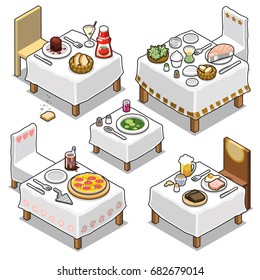 Tables and chairs prepared for fine restaurant dining, with steak, cocktail, fish, bread, salad, pizza, beer and soup (isometric vector collection)