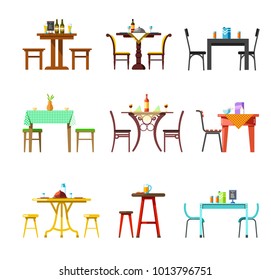 Tables and chairs vector icons of restaurant, cafe or bistro served with food and drinks dishware