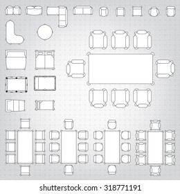 Tables and chairs vector illustration for interior outline design on scale technical grid background