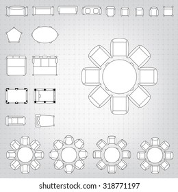 Tables and chairs vector illustration for interior outline design on scale technical grid background