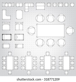 Tables and chairs vector illustration for interior outline design on scale technical grid background