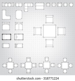 Tables and chairs vector illustration for interior outline design on scale technical grid background