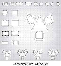 Tables and chairs vector illustration for interior outline design on scale technical grid background