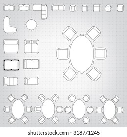 Tables and chairs vector illustration for interior outline design on scale technical grid background