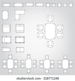 Tables and chairs vector illustration for interior outline design on scale technical grid background