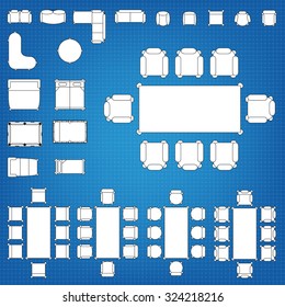 Tables and chairs vector illustration for interior outline design on scale technical grid background