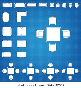 Tables and chairs vector illustration for interior outline design on scale technical grid background