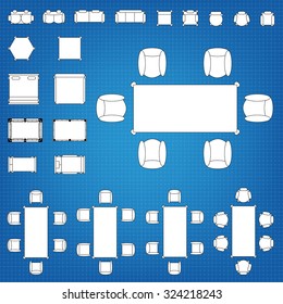 Tables and chairs vector illustration for interior outline design on scale technical grid background
