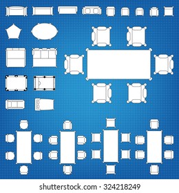 Tables and chairs vector illustration for interior outline design on scale technical grid background