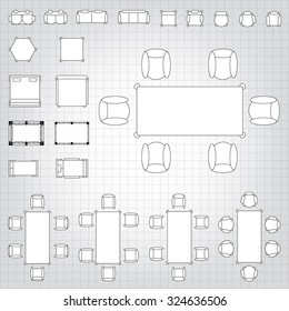 Tables and chairs vector illustration for interior outline design on scale technical grid background