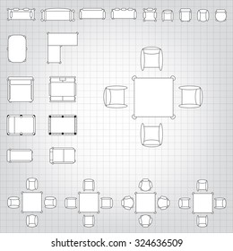 Tables and chairs vector illustration for interior outline design on scale technical grid background
