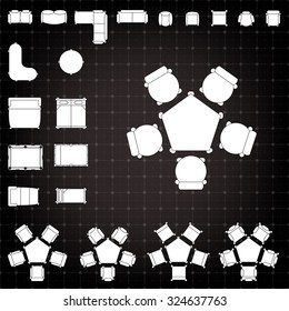 Tables and chairs vector illustration for interior outline design on scale technical grid background