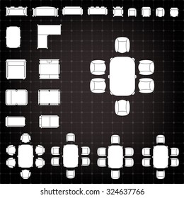 Tables and chairs vector illustration for interior outline design on scale technical grid background