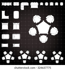 Tables and chairs vector illustration for interior outline design on scale technical grid background