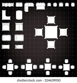 Tables and chairs vector illustration for interior outline design on scale technical grid background