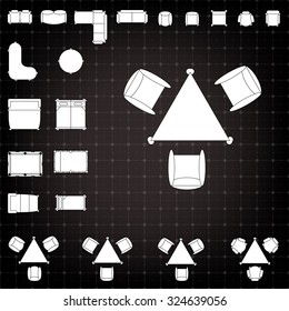 Tables and chairs vector illustration for interior outline design on scale technical grid background