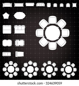 Tables and chairs vector illustration for interior outline design on scale technical grid background