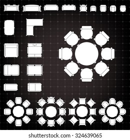 Tables and chairs vector illustration for interior outline design on scale technical grid background