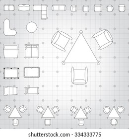 Tables and chairs vector illustration for interior outline design on scale technical grid background