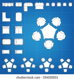 Tables and chairs vector illustration for interior outline design on scale technical grid background