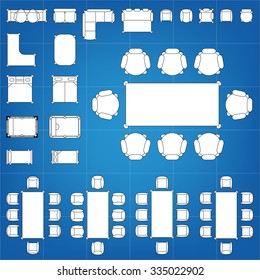 Tables and chairs vector illustration for interior outline design on scale technical grid background