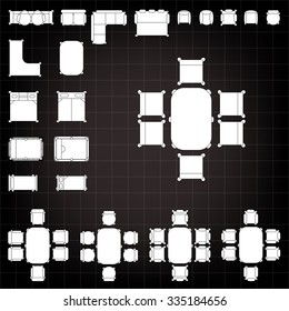 Tables and chairs vector illustration for interior outline design on scale technical grid background