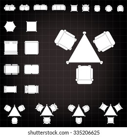Tables and chairs vector illustration for interior outline design on scale technical grid background