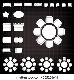 Tables and chairs vector illustration for interior outline design on scale technical grid background