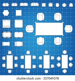 Tables and chairs vector illustration for interior outline design on scale technical grid background
