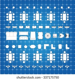 Tables and chairs vector illustration for interior outline design on blue and white scale technical grid background