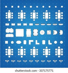 Tables and chairs vector illustration for interior outline design on blue and white scale technical grid background