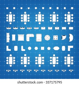 Tables and chairs vector illustration for interior outline design on blue and white scale technical grid background