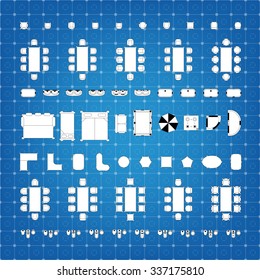 Tables and chairs vector illustration for interior outline design on blue and white scale technical grid background