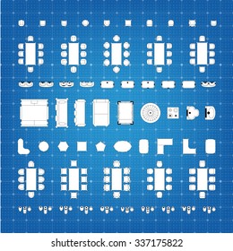 Tables and chairs vector illustration for interior outline design on blue and white scale technical grid background