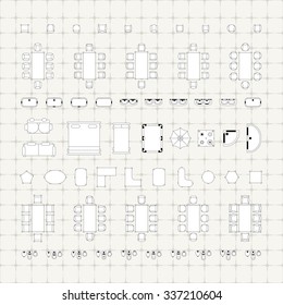 Tables and chairs vector illustration for interior outline design on scale technical grid background
