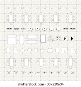 Tables and chairs vector illustration for interior outline design on scale technical grid background