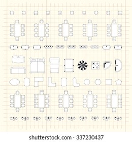 Tables and chairs vector illustration for interior outline design on scale technical grid background