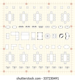 Tables and chairs vector illustration for interior outline design on scale technical grid background