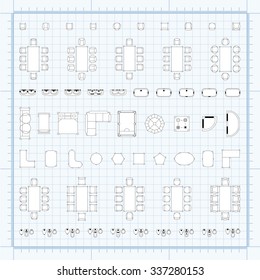 Tables and chairs vector illustration for interior outline design on scale technical grid background