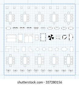 Tables and chairs vector illustration for interior outline design on scale technical grid background