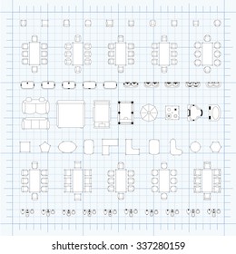 Tables and chairs vector illustration for interior outline design on scale technical grid background