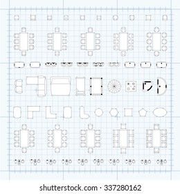 Tables and chairs vector illustration for interior outline design on scale technical grid background
