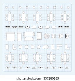 Tables and chairs vector illustration for interior outline design on scale technical grid background
