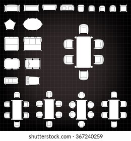 Tables and chairs vector illustration for interior outline design on scale technical grid background