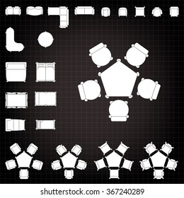 Tables and chairs vector illustration for interior outline design on scale technical grid background