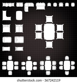 Tables and chairs vector illustration for interior outline design on scale technical grid background