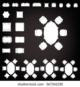 Tables and chairs vector illustration for interior outline design on scale technical grid background