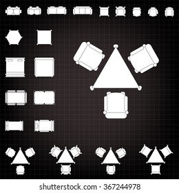Tables and chairs vector illustration for interior outline design on scale technical grid background