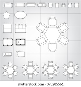 Tables and chairs vector illustration for interior outline design on scale technical grid background